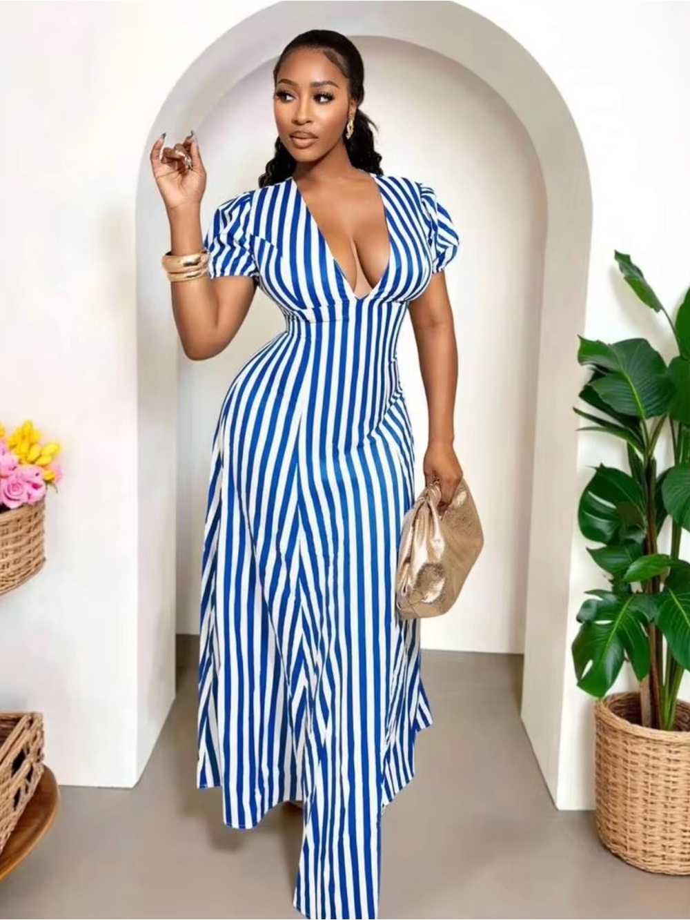 Blue and White Striped V-Neck Maxi Dress - 8/10 - Picture 3 of 6